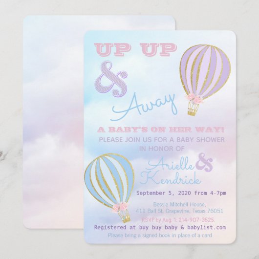 Hete luchtballon, omhoog & weg Baby shower Kaart (Voorkant / Achterkant)