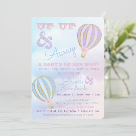 Hete luchtballon, omhoog & weg Baby shower Kaart (Staand voorkant)