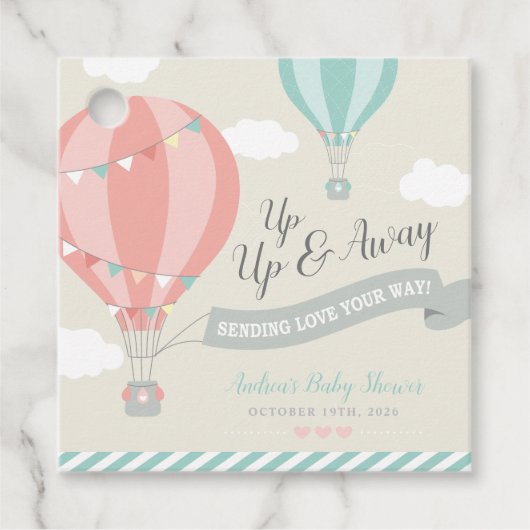 Hete Luchtballon omhoog & weg Baby shower Vierkant Bedankjes Labels (Voorkant)