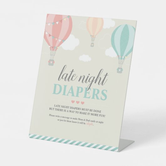 Hete Luchtballon Omhoog & Weg Late Night Luier Spe Reclamebord Met Voetstuk (Voorkant)