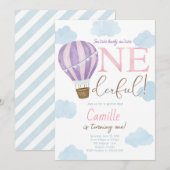 Hete luchtballon Onederful 1e verjaardag uitnodigi Kaart (Voorkant / Achterkant)