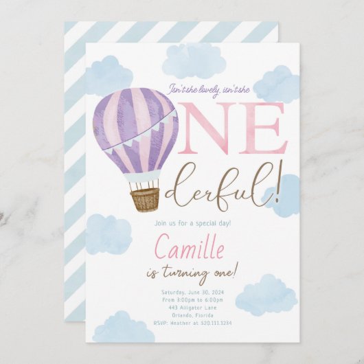 Hete luchtballon Onederful 1e verjaardag uitnodigi Kaart (Voorkant / Achterkant)