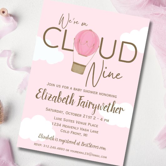 Hete Luchtballon op Wolk 9 Baby shower Invitation Kaart