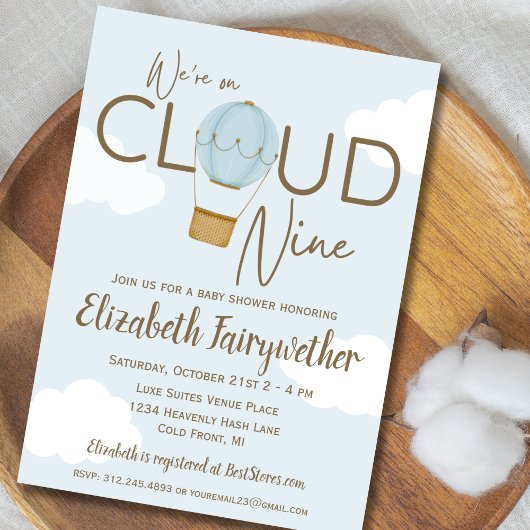 Hete Luchtballon op Wolk 9 Baby shower Invitation Kaart