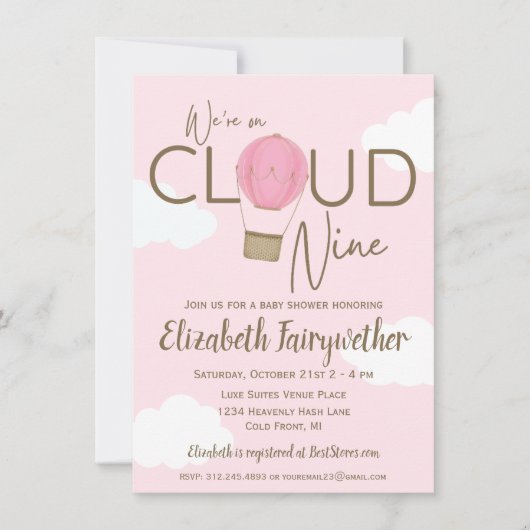 Hete Luchtballon op Wolk 9 Baby shower Invitation Kaart (Voorkant)