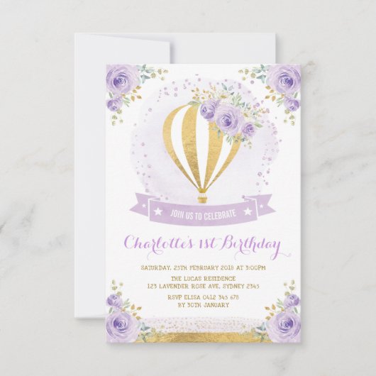 Hete Luchtballon Paarse Gouden Bloemen 1e Verjaard Kaart (Voorkant)