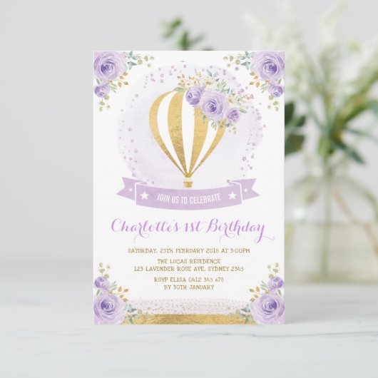 Hete Luchtballon Paarse Gouden Bloemen 1e Verjaard Kaart (Staand voorkant)