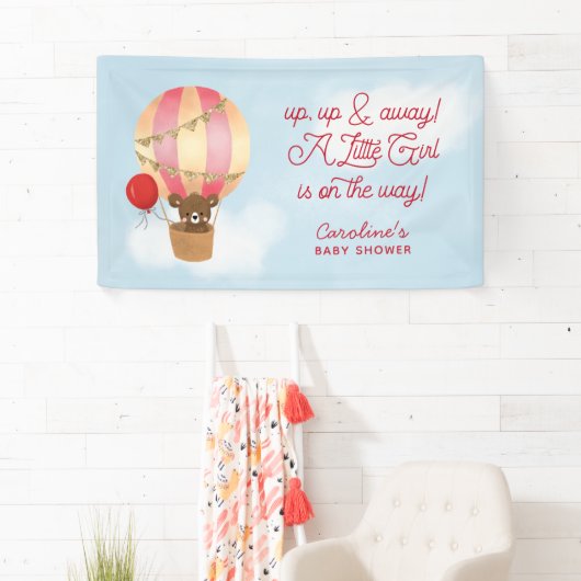 Hete Luchtballon Rode omhoog en weg Baby shower Spandoek (Insitu)