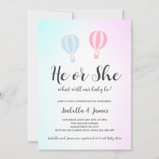 Hete Luchtballon Roze Blauw Schattige Geslacht ont Kaart (Voorkant)