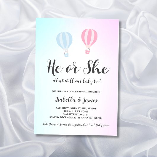 Hete Luchtballon Roze Blauw Schattige Geslacht ont Kaart