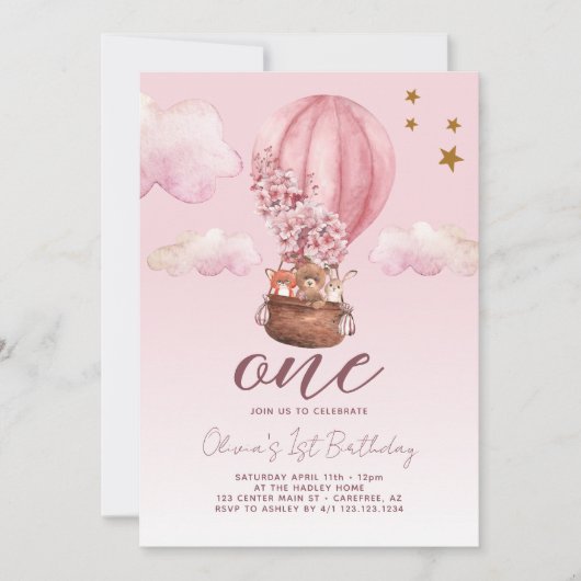 Hete Luchtballon Roze Bloemen 1e Verjaardag Kaart (Voorkant)