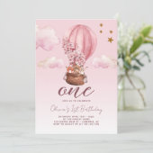Hete Luchtballon Roze Bloemen 1e Verjaardag Kaart (Staand voorkant)