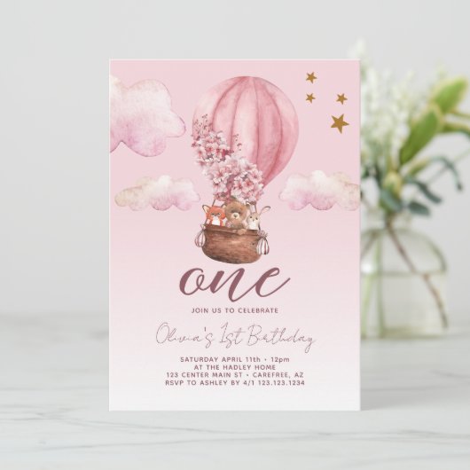 Hete Luchtballon Roze Bloemen 1e Verjaardag Kaart (Staand voorkant)