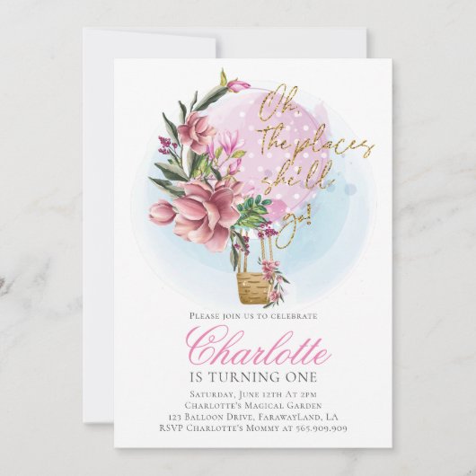 Hete Luchtballon Roze Bloemen Eerste Verjaardag Kaart (Voorkant)