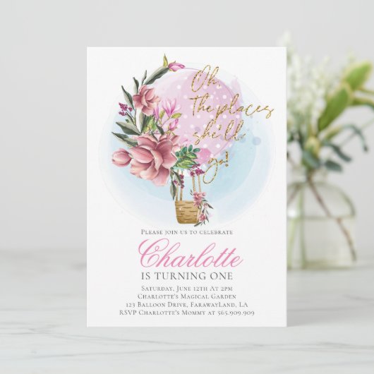 Hete Luchtballon Roze Bloemen Eerste Verjaardag Kaart