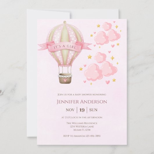 Hete Luchtballon Roze Elegant Meisje Baby shower Kaart (Voorkant)