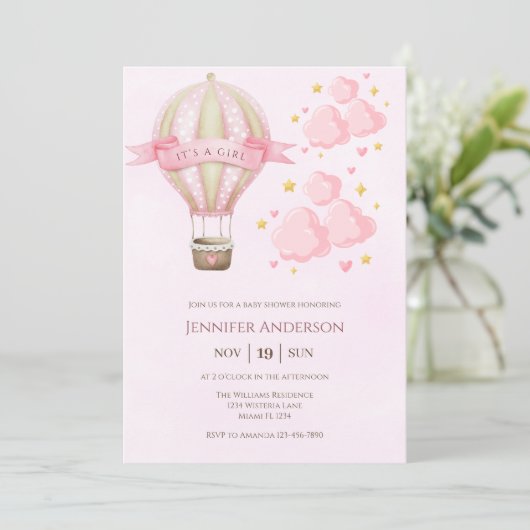 Hete Luchtballon Roze Elegant Meisje Baby shower Kaart (Staand voorkant)