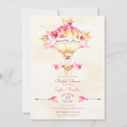 Hete Luchtballon Roze Gouden Gele Pijlen Rozen Kaart (Voorkant)
