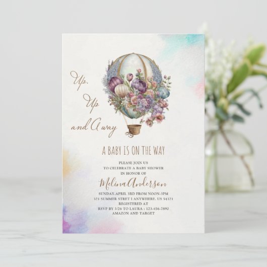 Hete Luchtballon roze lila wolken waterverf baby s Kaart (Staand voorkant)