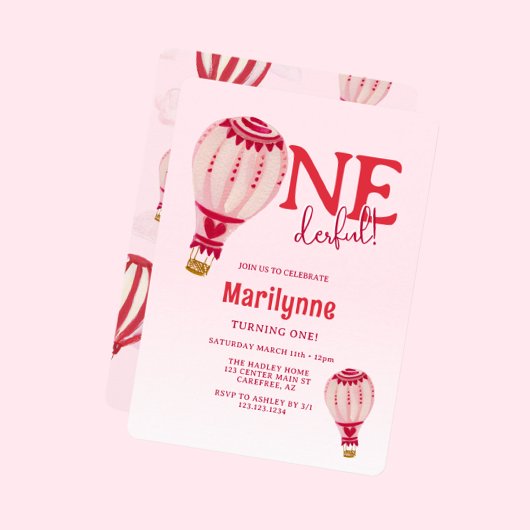 Hete Luchtballon Roze Rood 1e Verjaardag Kaart