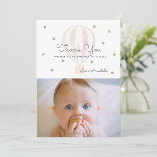 Hete Luchtballon Roze Verjaardagsfoto Dank u kaart (Staand voorkant)