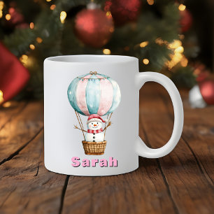 Hete Luchtballon Snowman Aangepaste Naam Kerstmis Koffiemok