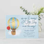 Hete Luchtballon Teddy Bear Blauw Baby shower Kaart (Staand voorkant)