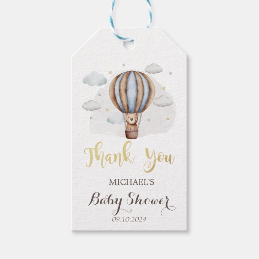 Hete Luchtballon Teddy Bear Clouds Baby shower Cadeaulabel (Voorkant)