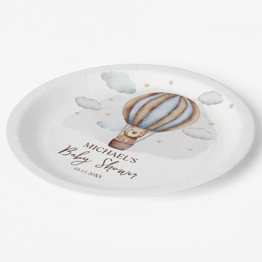 Hete Luchtballon Teddy Bear Clouds Baby shower Papieren Bordje (Gekanteld)