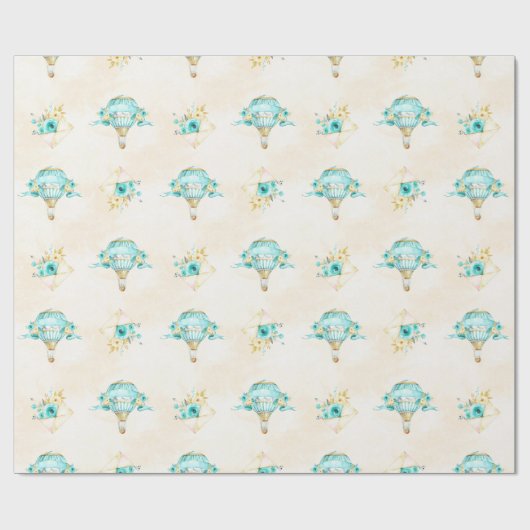 Hete Luchtballon Turquoise Gele Rozen Cadeaupapier (Vlak)