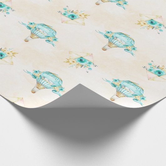 Hete Luchtballon Turquoise Gele Rozen Cadeaupapier (Hoek)