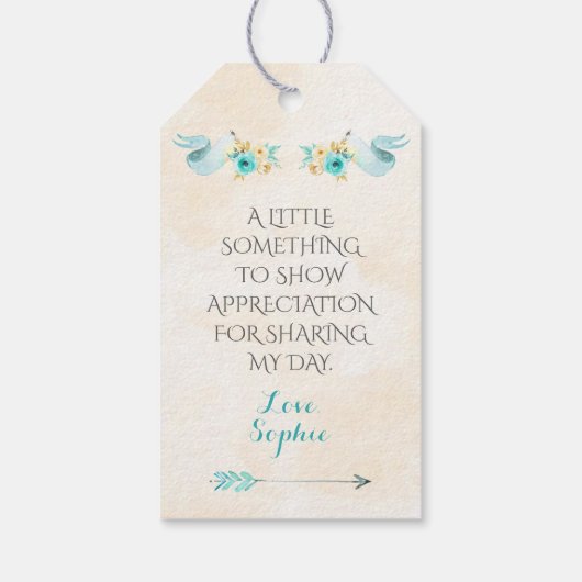 Hete Luchtballon Turquoise Gouden Gele Rozen Pijl Cadeaulabel (Achterkant)