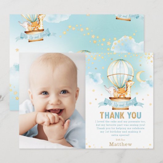 Hete Luchtballon Verjaardag Oerwoud Dieren Jongen  Bedankkaart (Voorkant / Achterkant)