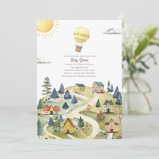 Hete Luchtballon Village Neutraal Geel Baby shower Kaart (Staand voorkant)