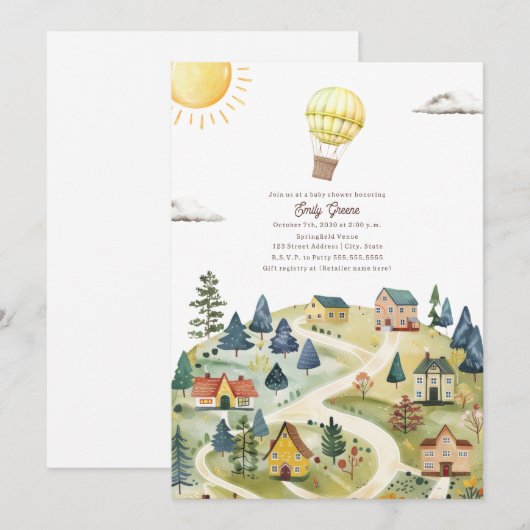 Hete Luchtballon Village Neutraal Geel Baby shower Kaart (Voorkant / Achterkant)