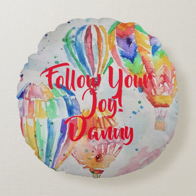 Hete Luchtballon Waterverf Childs Jongensnaam Kuss Rond Kussen (Voorkant)