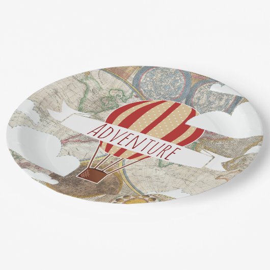 Hete Luchtballon & Wereldkaart  Avontuur Papieren Bordje (Gekanteld)