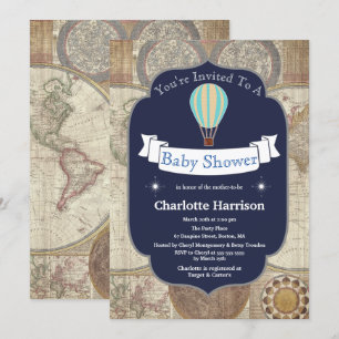 Hete Luchtballon & Wereldkaart Baby shower Kaart