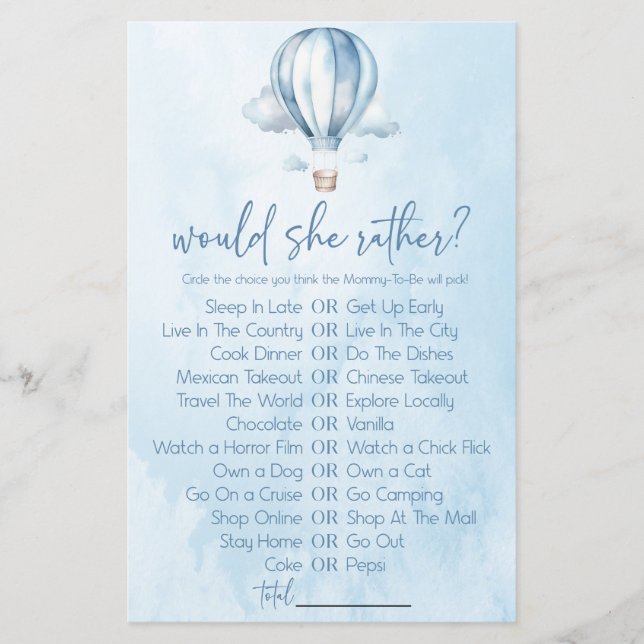 Hete luchtballon wil ze liever Baby shower spel (Voorkant)