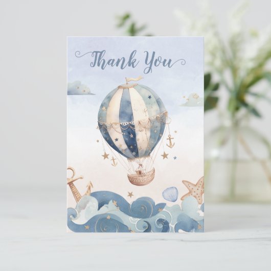 Hete Luchtballon Zee Waves Jongen Baby shower Bedankkaart (Staand voorkant)