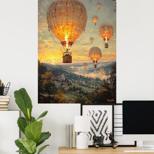 Hete luchtballonnen bij zonsopgang in impressionis poster (Thuiskantoor)
