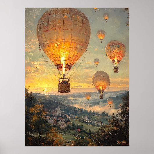 Hete luchtballonnen bij zonsopgang in impressionis poster (Voorkant)
