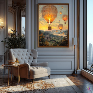 Hete luchtballonnen bij zonsopgang in impressionis poster