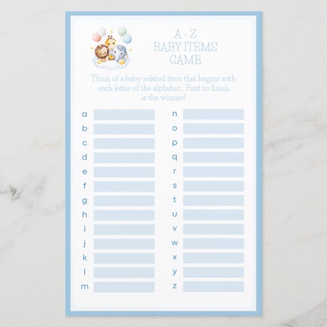 Hete Luchtballonnen Dieren A-Z Baby shower Spel (Voorkant)
