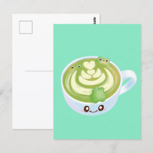 Hete Matcha groene thee latte met schattige kikker Briefkaart