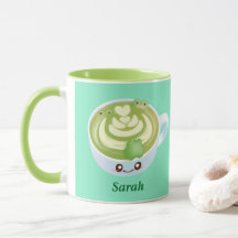 Hete Matcha groene thee latte met schattige kikker