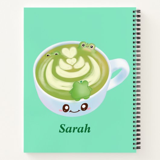 Hete Matcha groene thee latte met schattige kikker Notitieboek (Achterkant)
