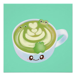 Hete Matcha groene thee latte met schattige kikker Perfect Poster