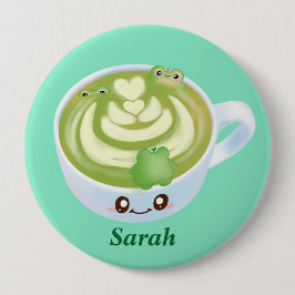 Hete Matcha groene thee latte met schattige kikker Ronde Button 4,0 Cm