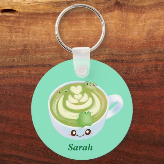 Hete Matcha groene thee latte met schattige kikker Sleutelhanger (Voorkant)